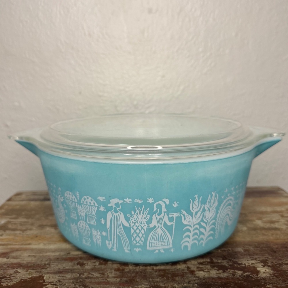 Vintage Pyrex Round Casserole Dish With Lid Turquoise Amish Butterprint #475